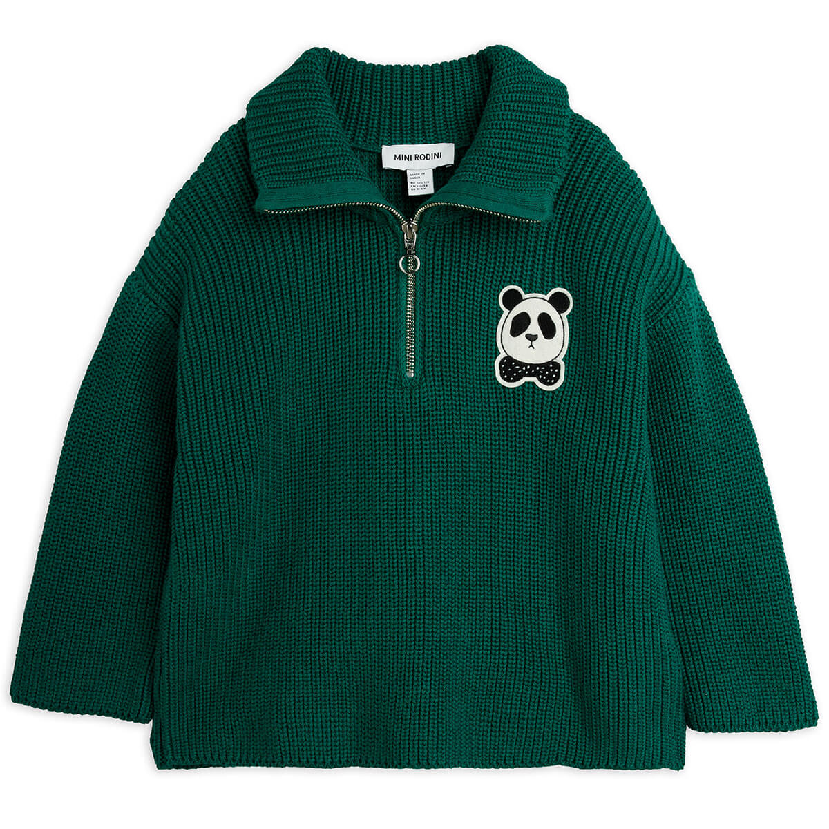 Panda Patch Chunky Knit Half Zip Sweater in Green by Mini Rodini