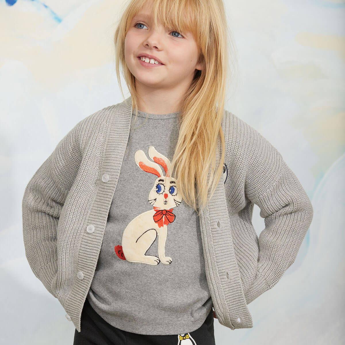 Rabbit Appliqué Long Sleeve Tee in Grey Melange by Mini Rodini