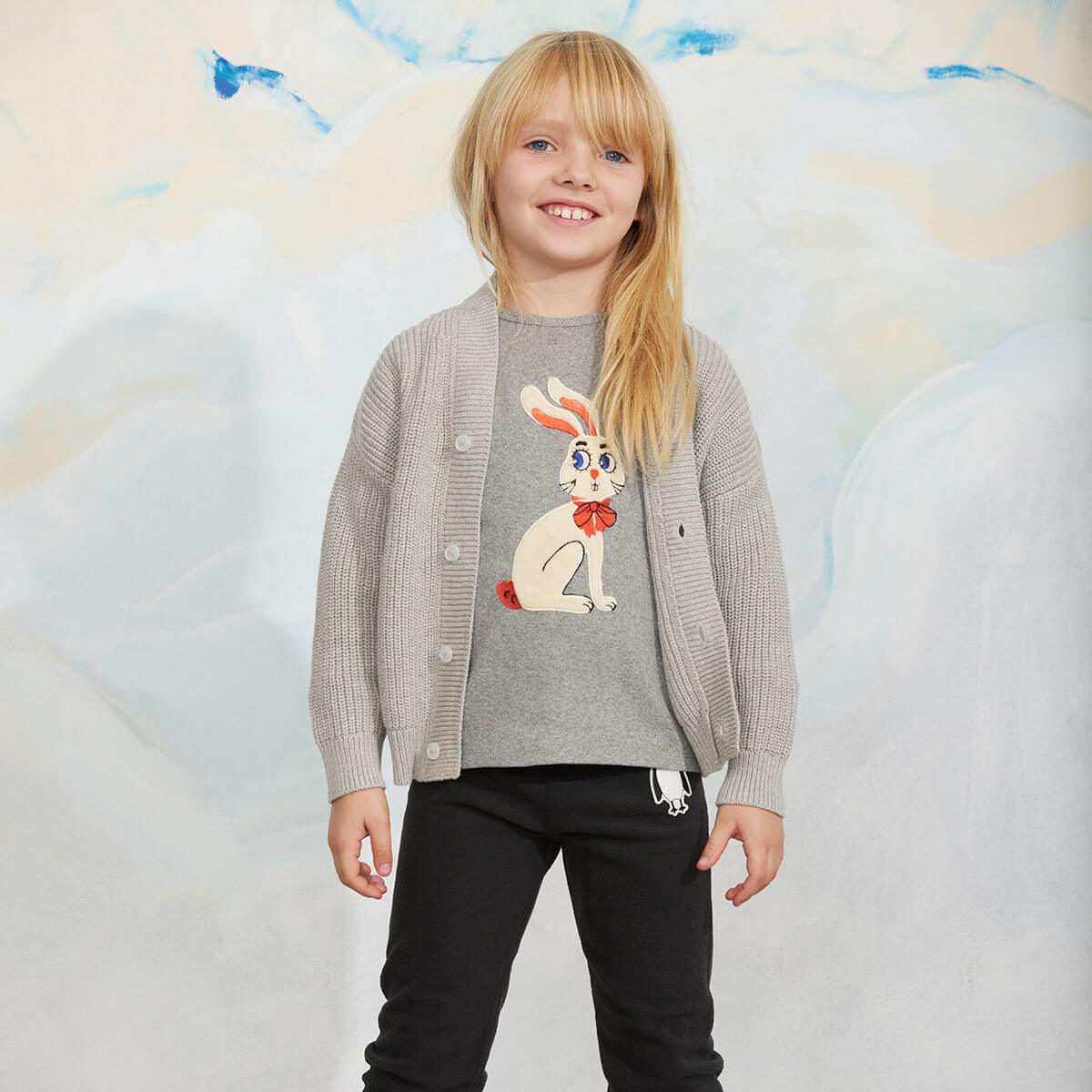 Rabbit Appliqué Long Sleeve Tee in Grey Melange by Mini Rodini