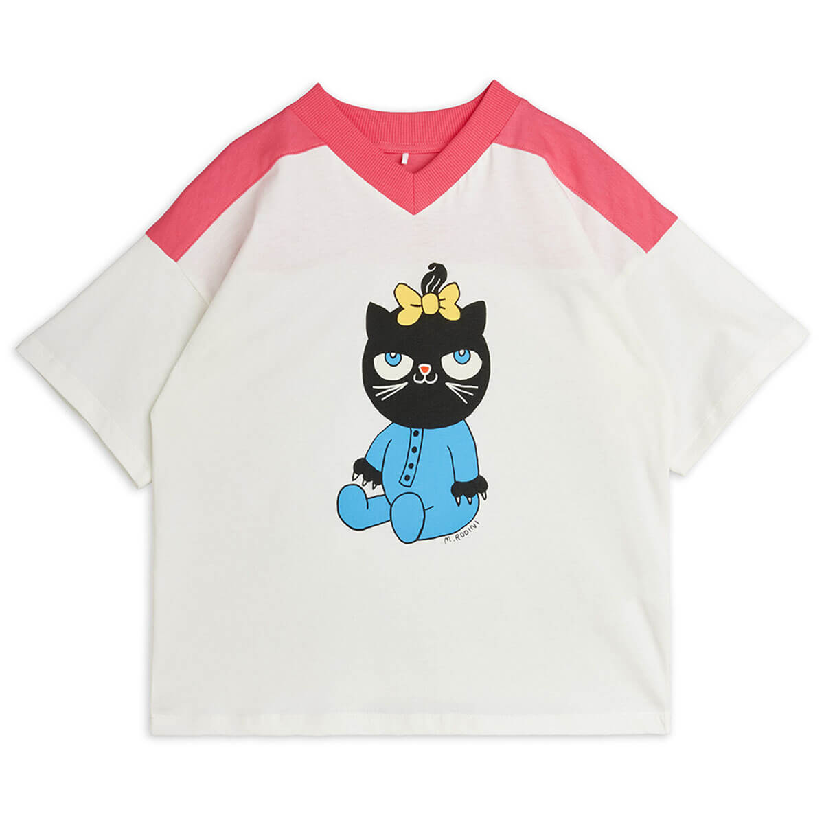 Cat V-Neck Tee in Pink by Mini Rodini