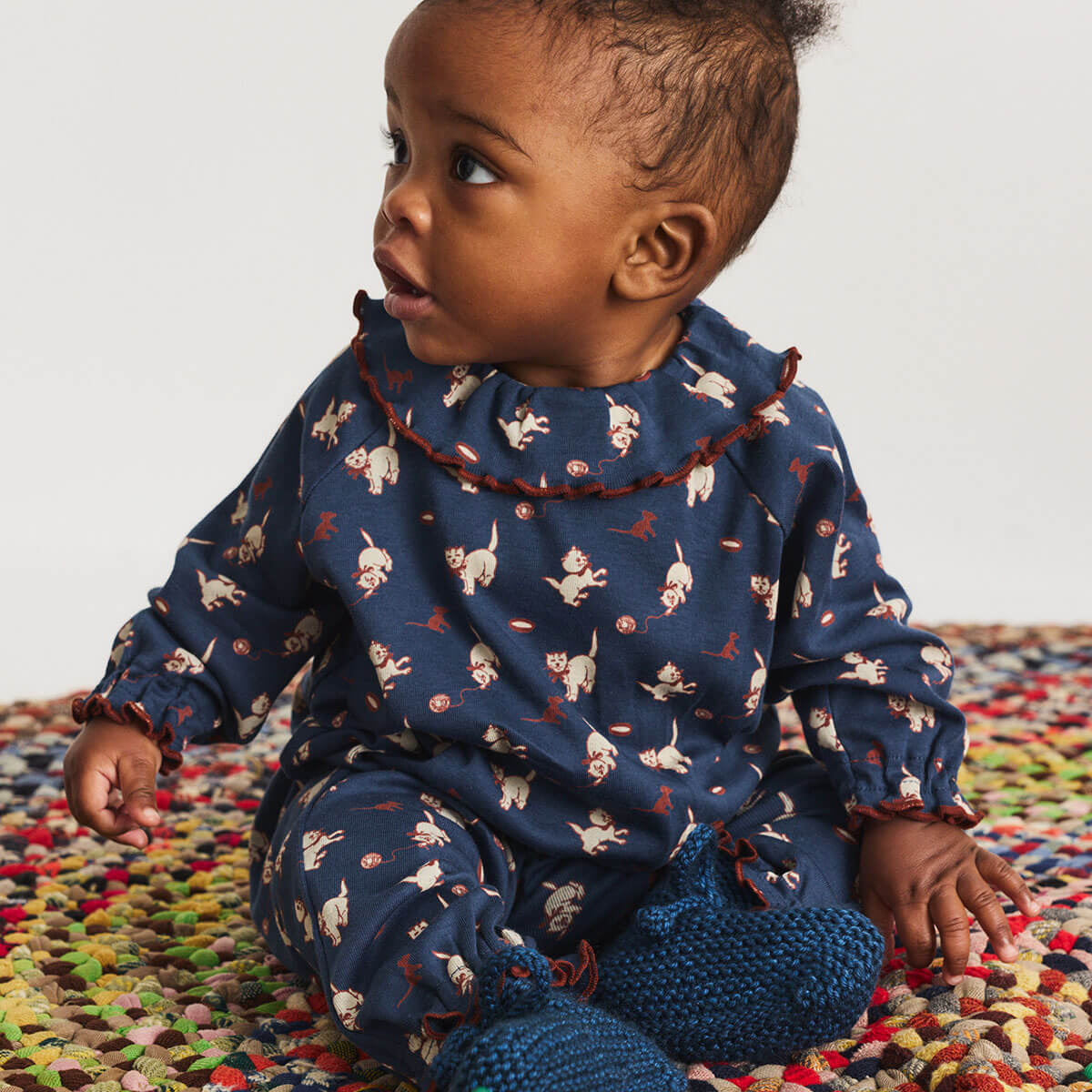 Baby Pierrot Onesie in Moonlight Cat & Mouse by Misha & Puff