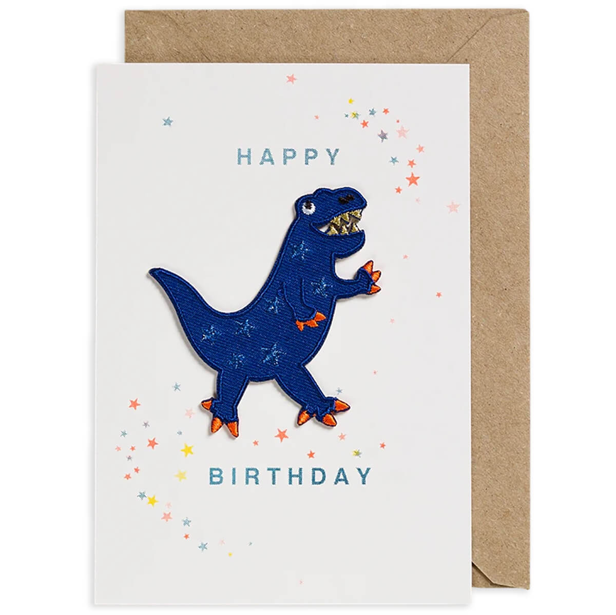 Blue Dino Iron On Patch Greetings Card by Petra Boase