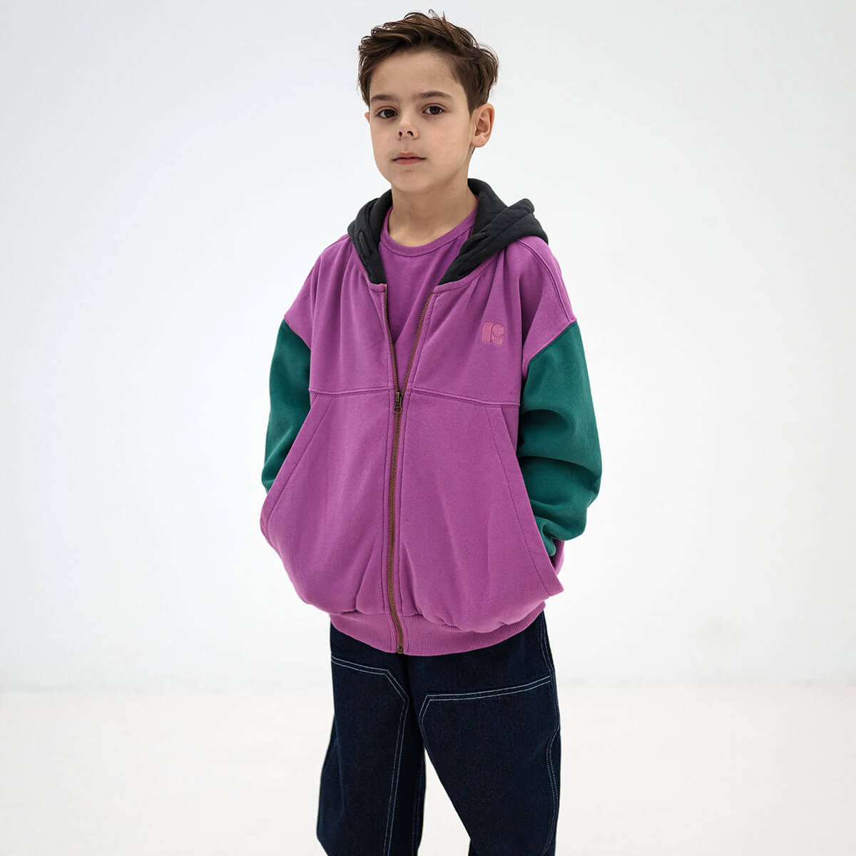 Zip Up Hoodie in Colour Block by Repose AMS
