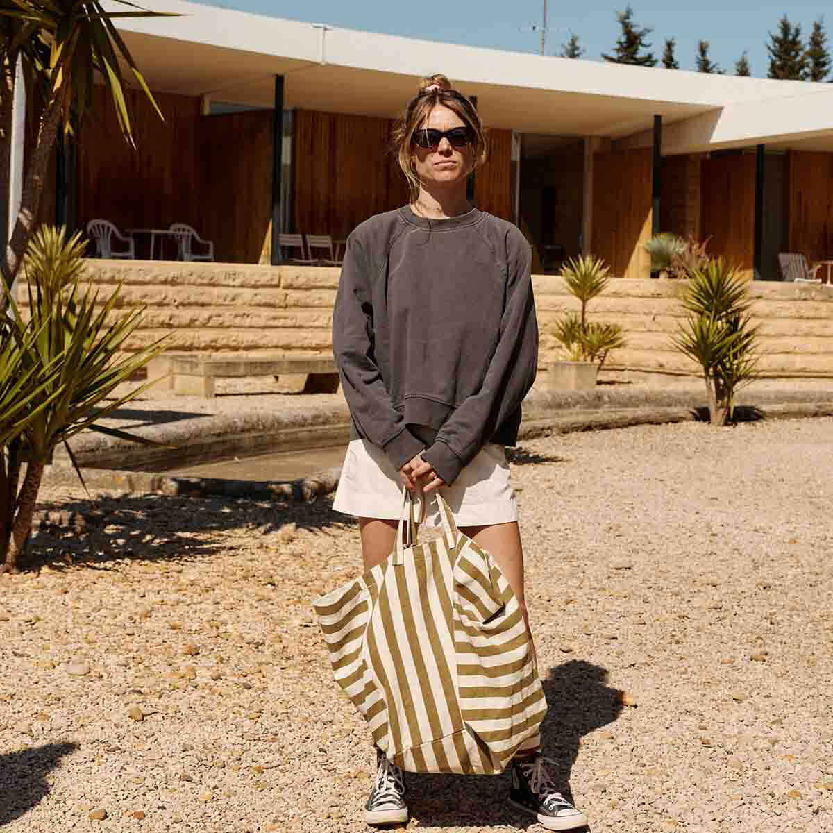 Elisa Tote Bag in Olive / Greige Stripes by Rose in April
