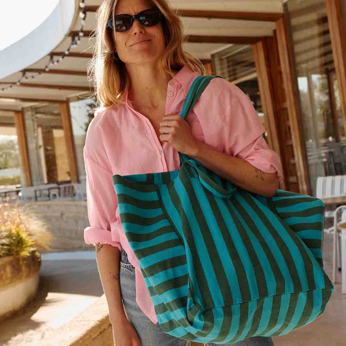 Elisa Tote Bag in Turquoise / Olive Stripes by Rose in April