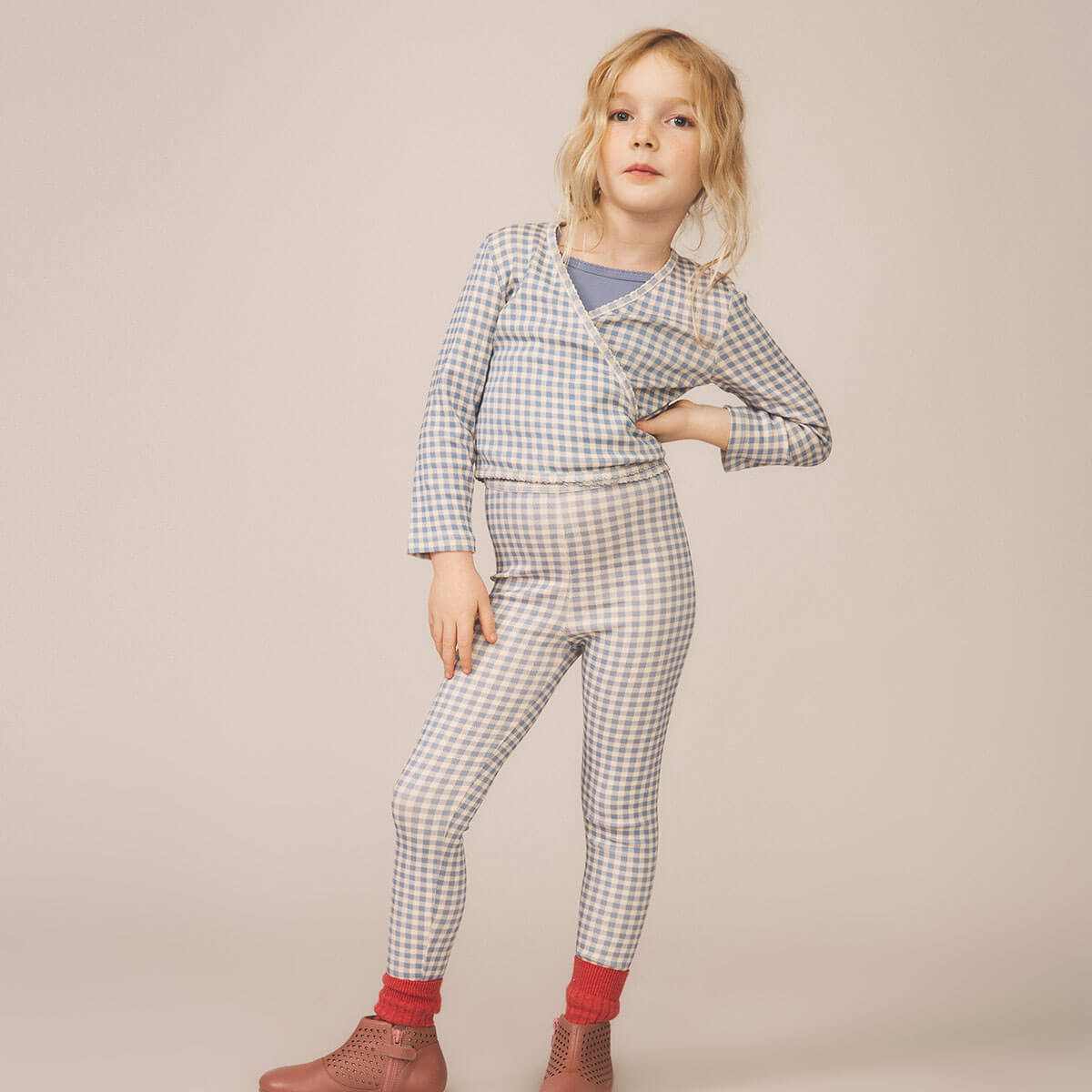 Wrap Tee in Gingham Print / Powder by Soor Ploom