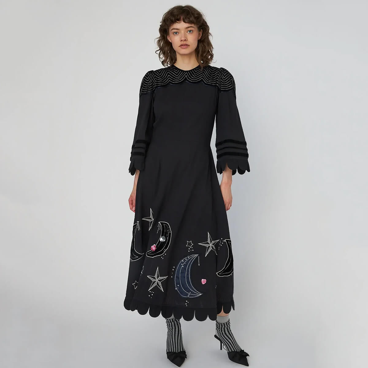 star embroidered dress Annamode Silk Star Embroidered Sheer Dress In Black - 50% Off