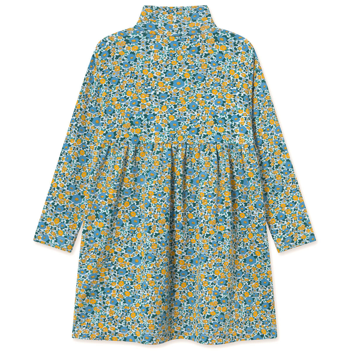 Flower Pattern Rib Mock Neck Dress in Washed Blue by Tinycottons
