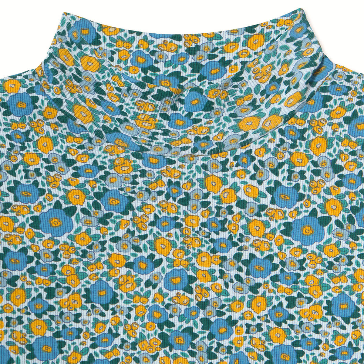 Flower Pattern Rib Mock Neck Tee in Washed Blue by Tinycottons
