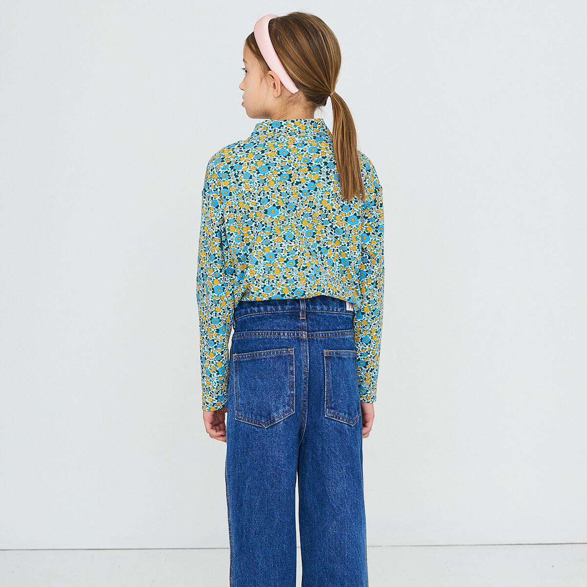 Flower Pattern Rib Mock Neck Tee in Washed Blue by Tinycottons