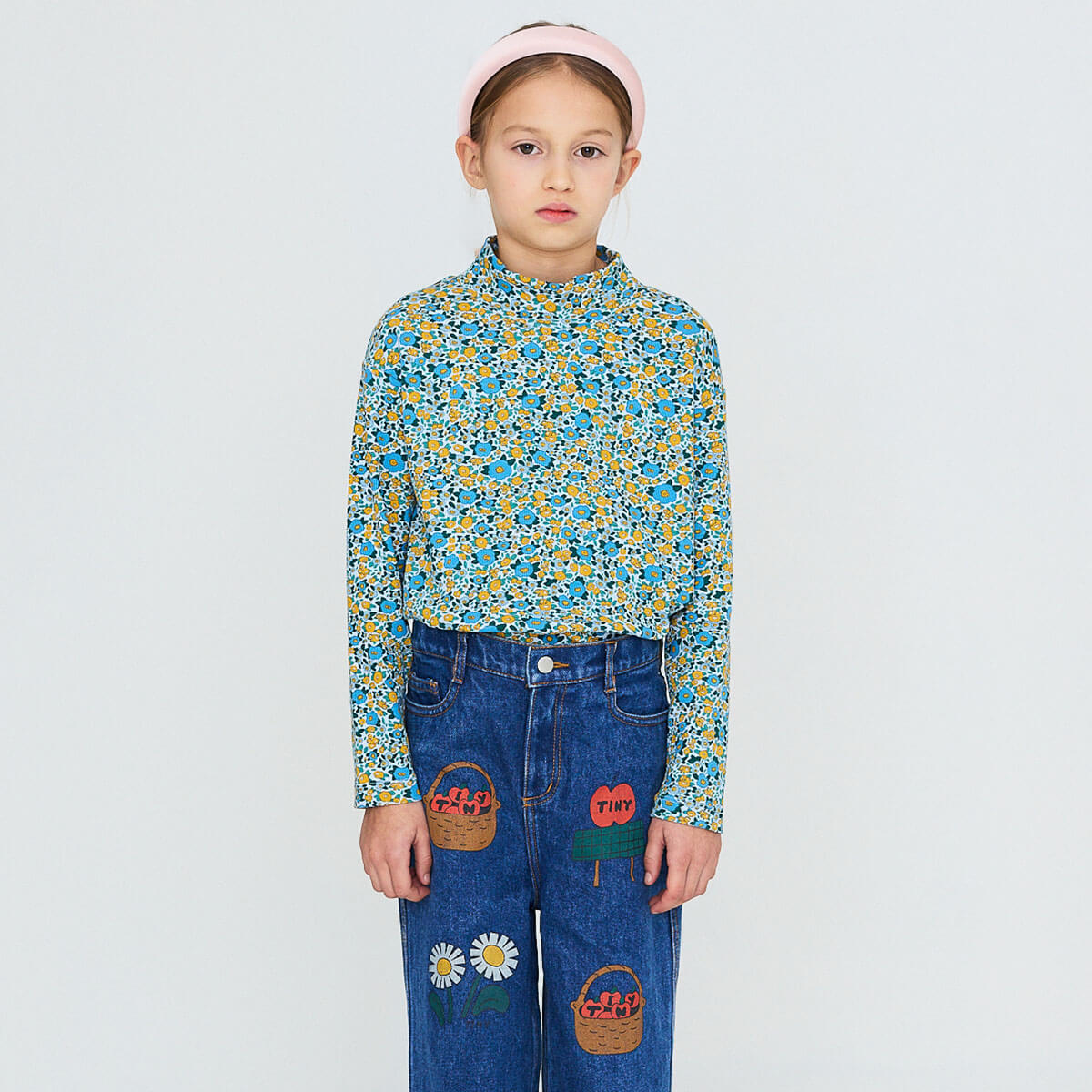 Flower Pattern Rib Mock Neck Tee in Washed Blue by Tinycottons