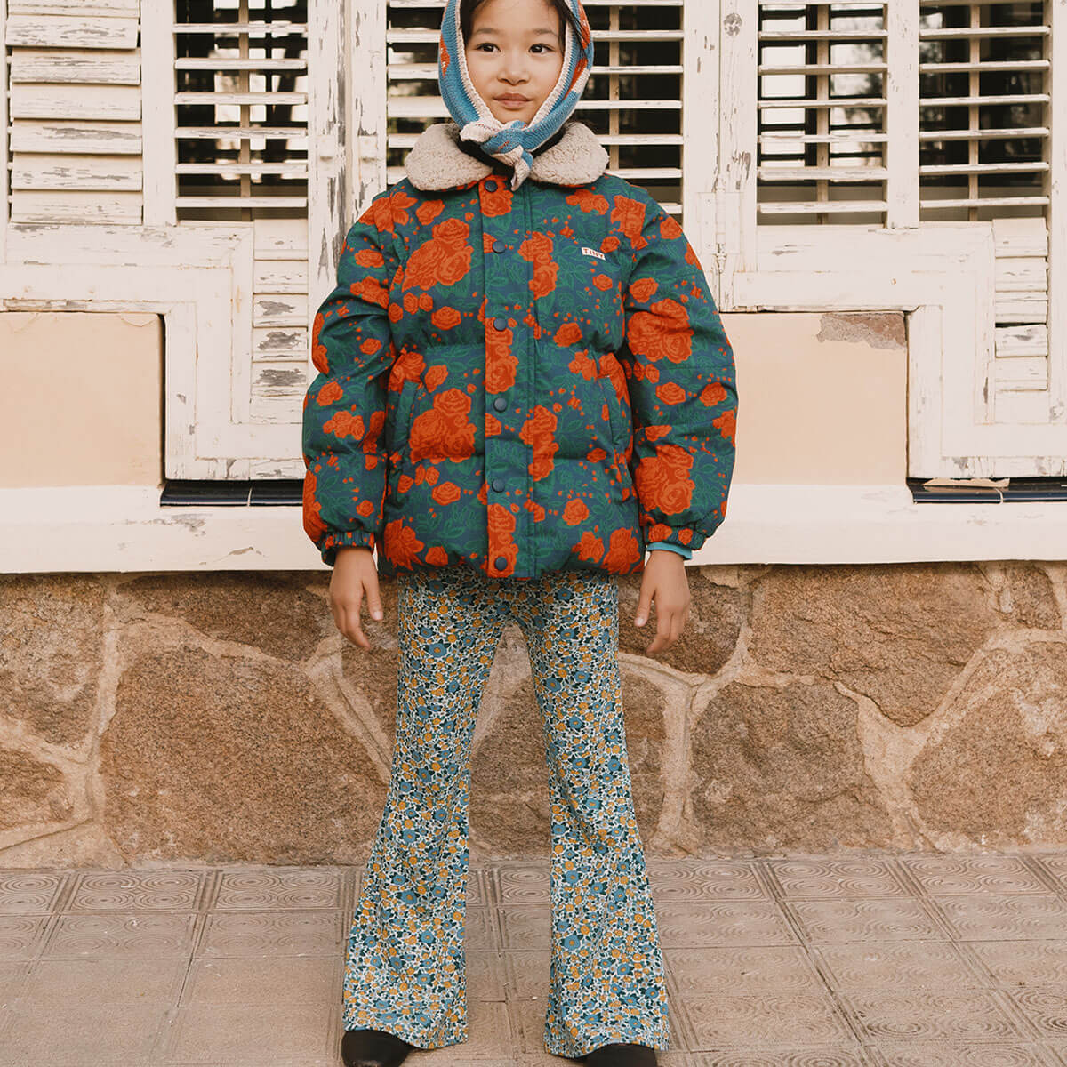 Flower Pattern Rib Pant in Washed Blue by Tinycottons