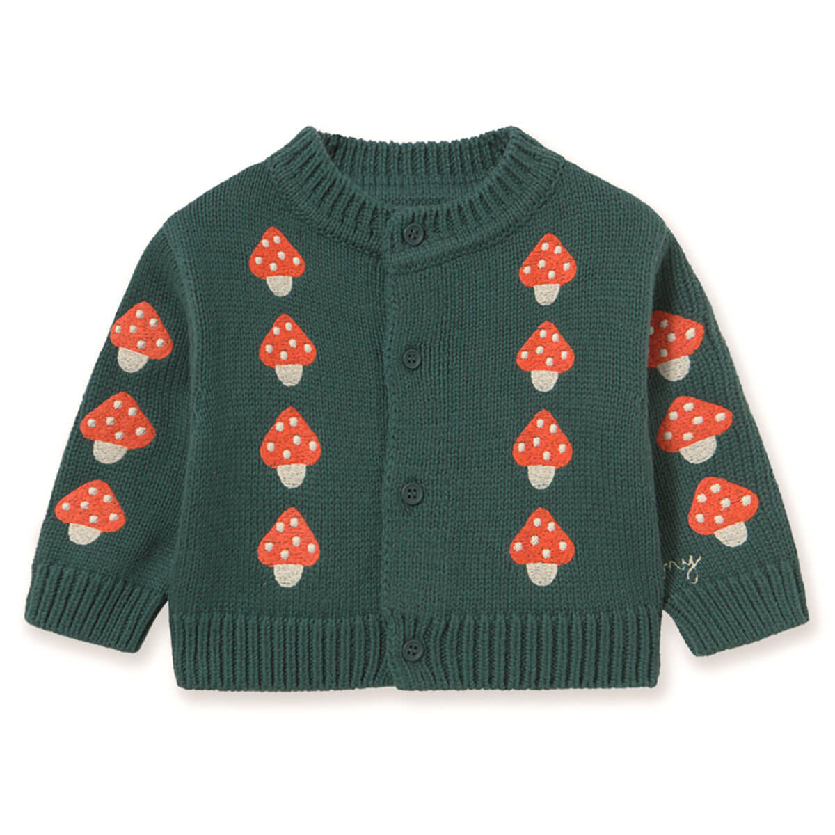 Mini Mushrooms Baby Cardigan in Dark Emerald by Tinycottons
