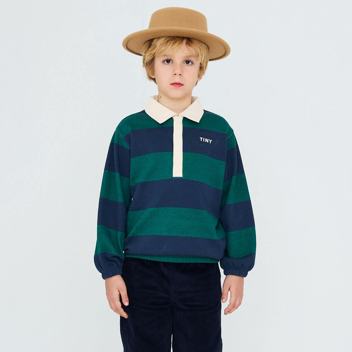 Navy Stripes Polo Sweatshirt in Dark Green by Tinycottons