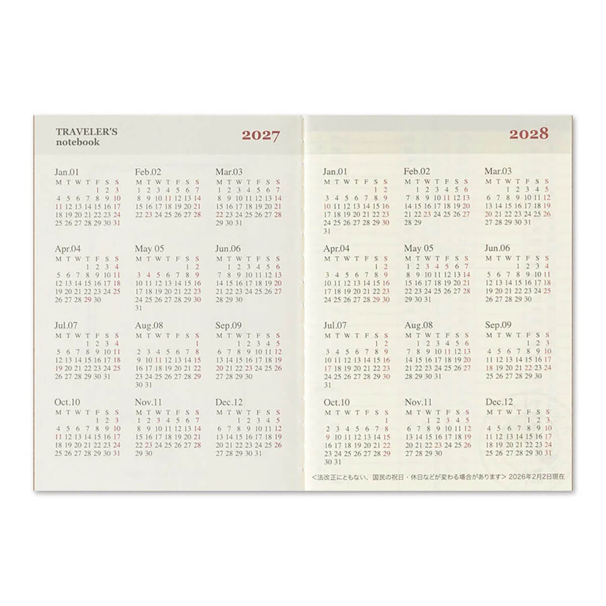 Traveler's Notebook Passport Size Refill Weekly 2027 by Traveler's Company