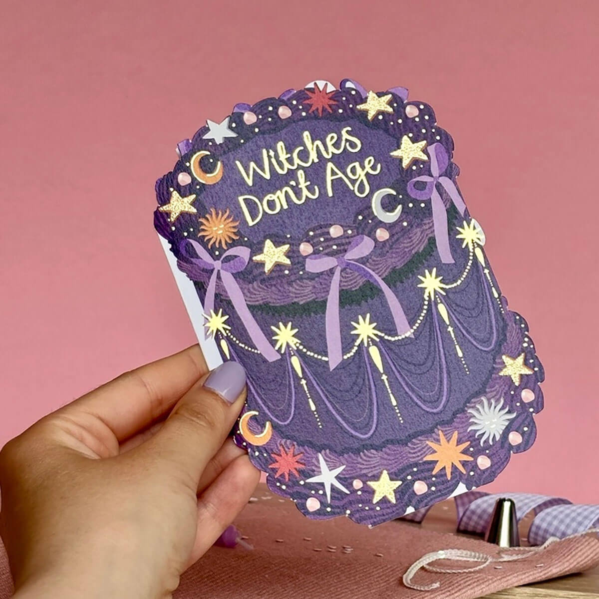 Witches Don't Age Cake Shaped Greetings Card by Two For Joy Illustration