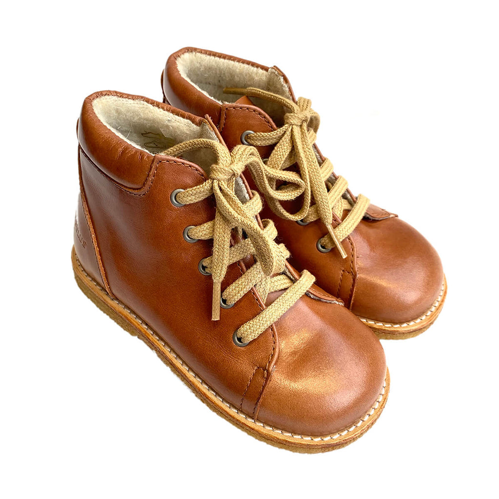 Wool Lined Lace Up Starter Boots in Cognac by Angulus