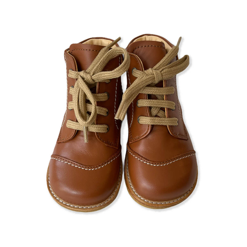 Lace Up Starter Boots in Cognac with Contrast Stitching by Angulus