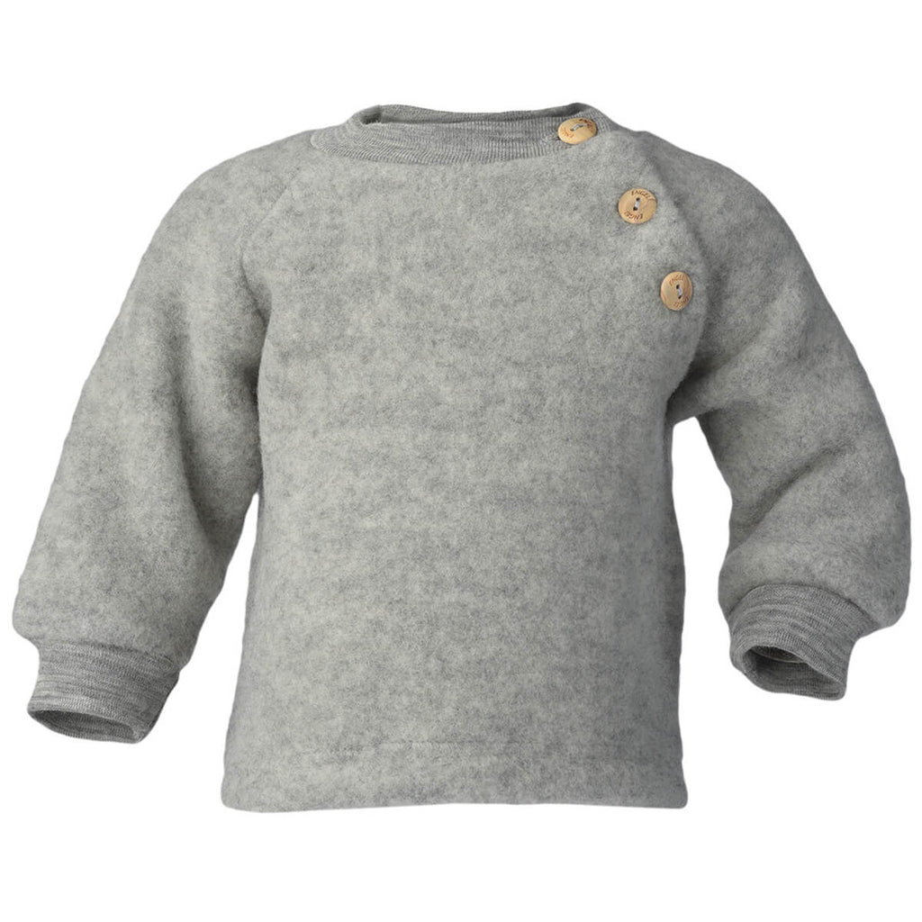 Wool Fleece Raglan Baby Sweater with Wooden Shoulder Buttons in Light Grey Melange by Engel