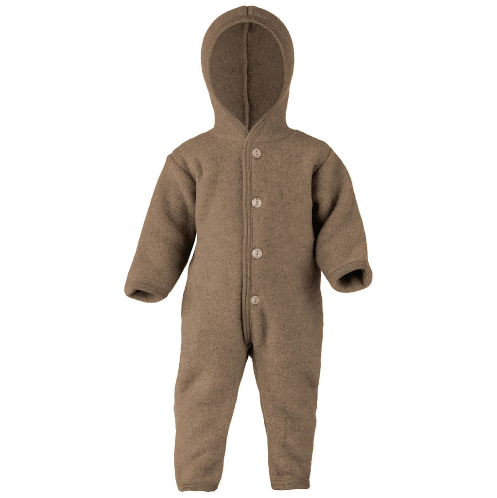 Wool Fleece Hooded Baby Overall with Buttons in Walnut Melange by Engel