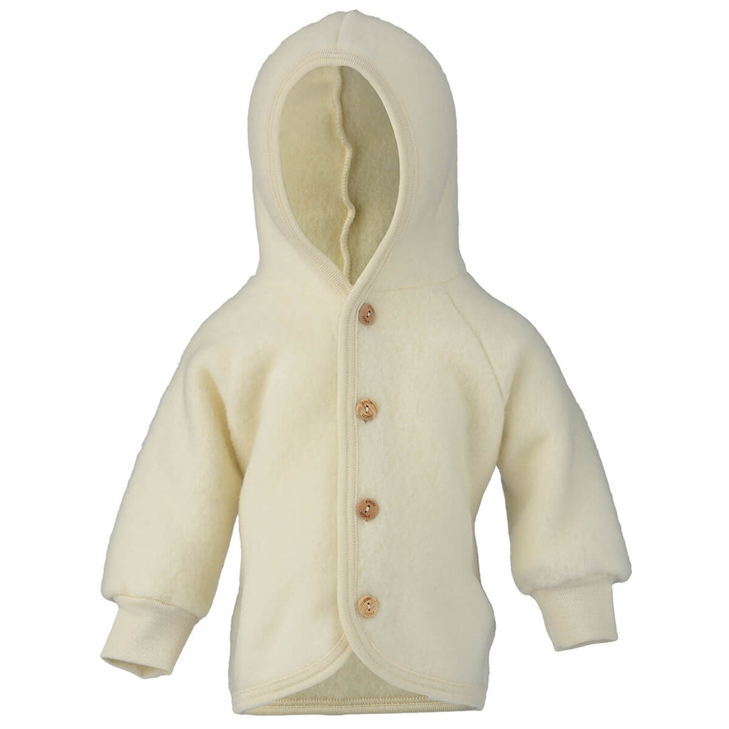 Wool Fleece Hooded Baby Jacket with Wooden Buttons in Natural by Engel