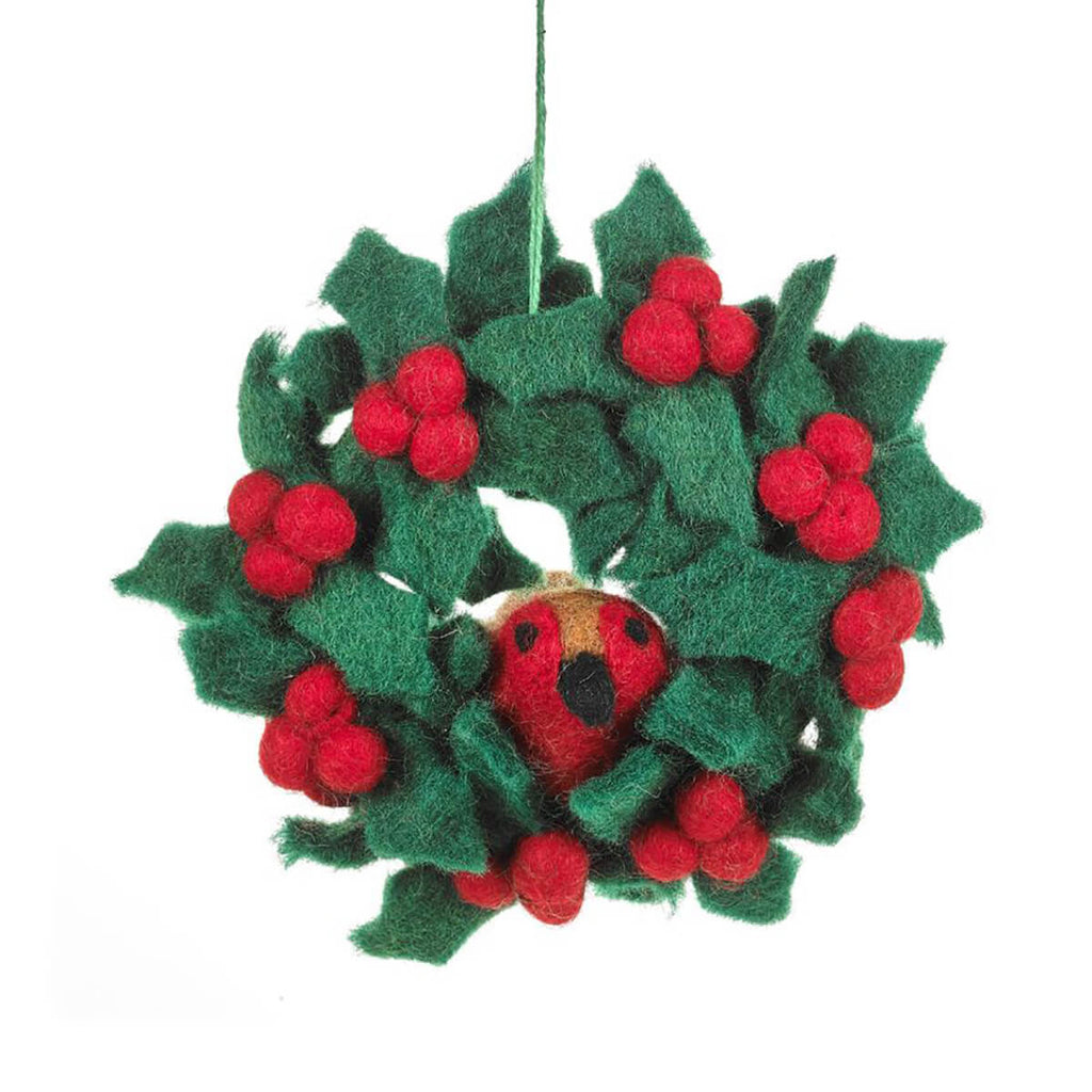 Holly Mini Wreath With Robin Hanging Christmas Decoration by Felt So Good