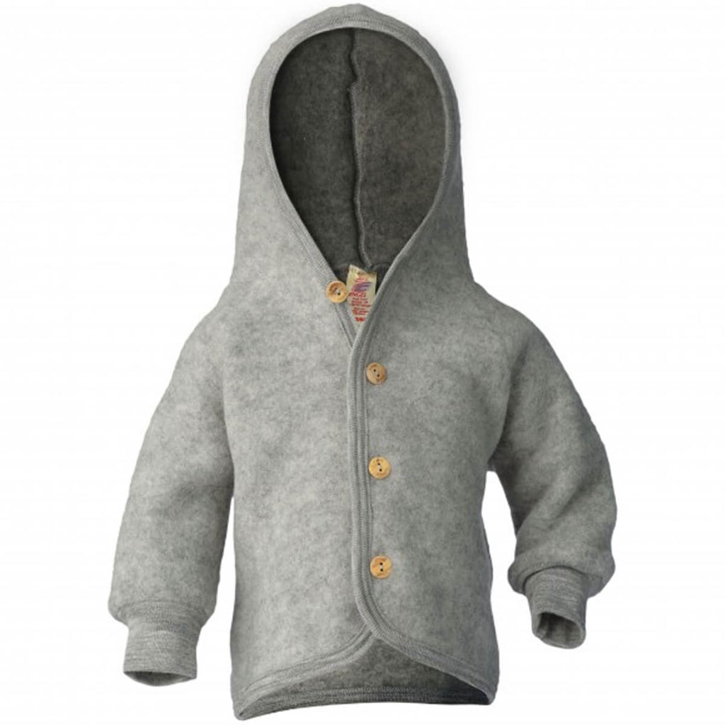 Wool Fleece Hooded Baby Jacket with Wooden Buttons in Grey Melange by Engel