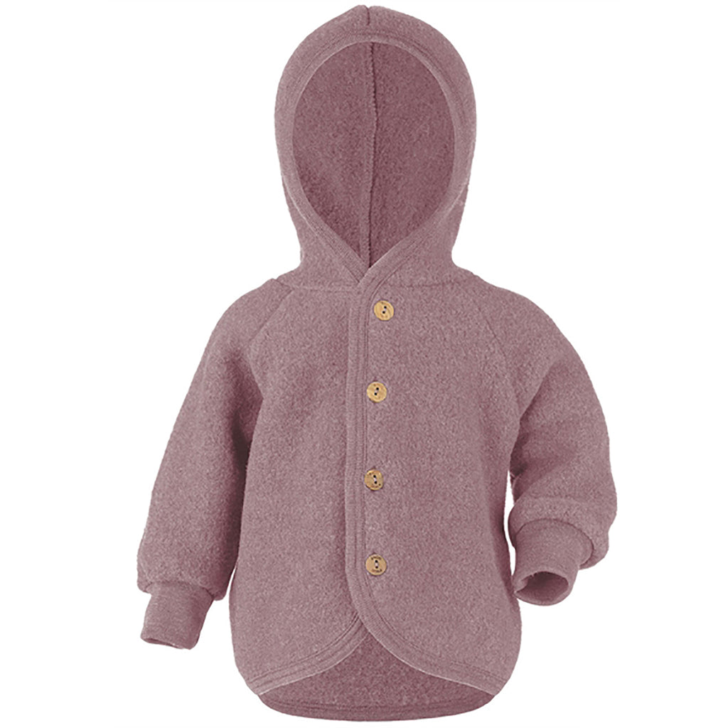 Wool Fleece Hooded Baby Jacket with Wooden Buttons in Rosewood Melange by Engel