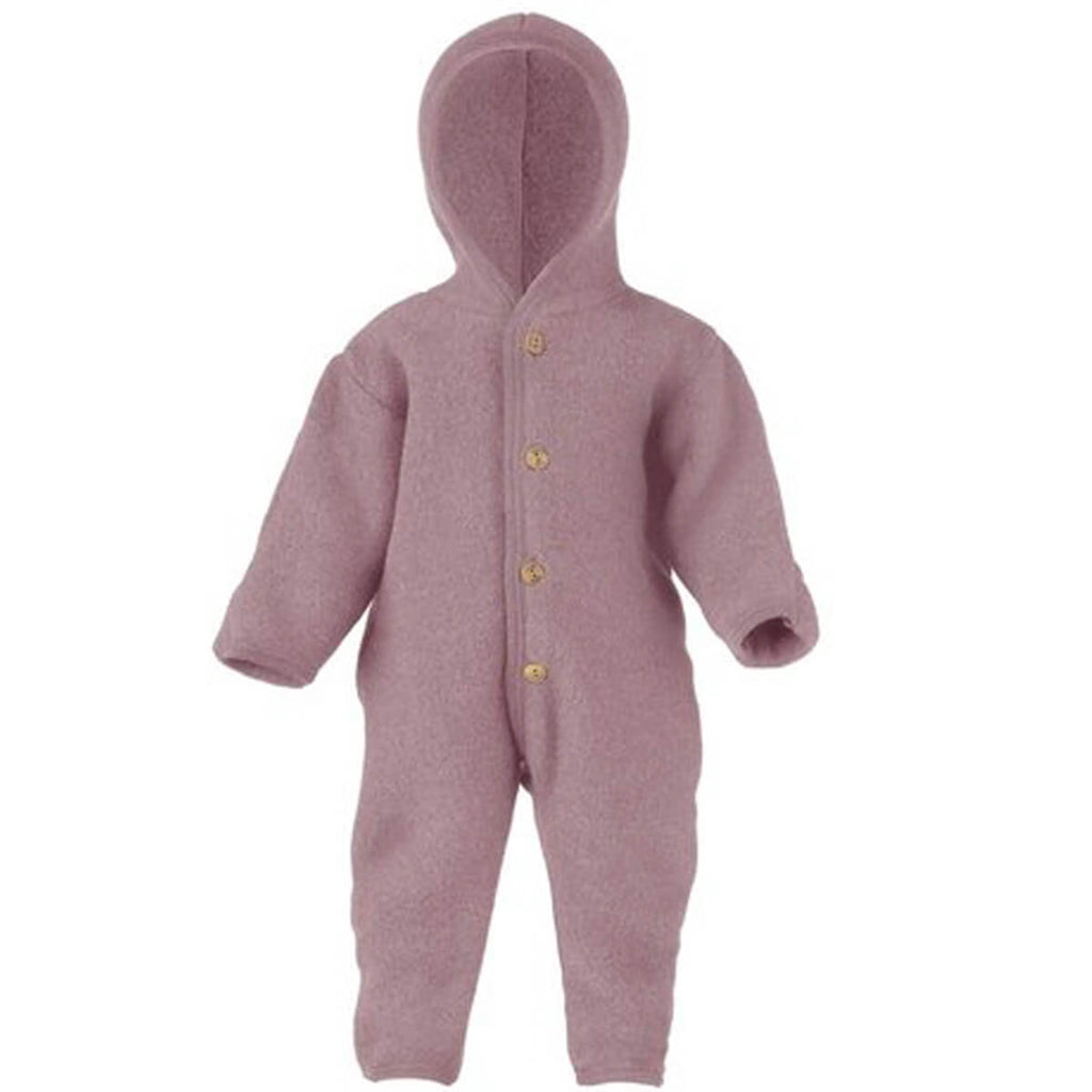 Wool Fleece Hooded Baby Overall with Buttons in Rosewood Melange by Engel
