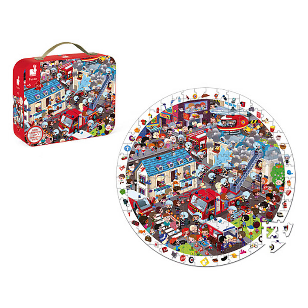 Firemen 208 Piece Round Observational Jigsaw Puzzle In Carry Case by Janod