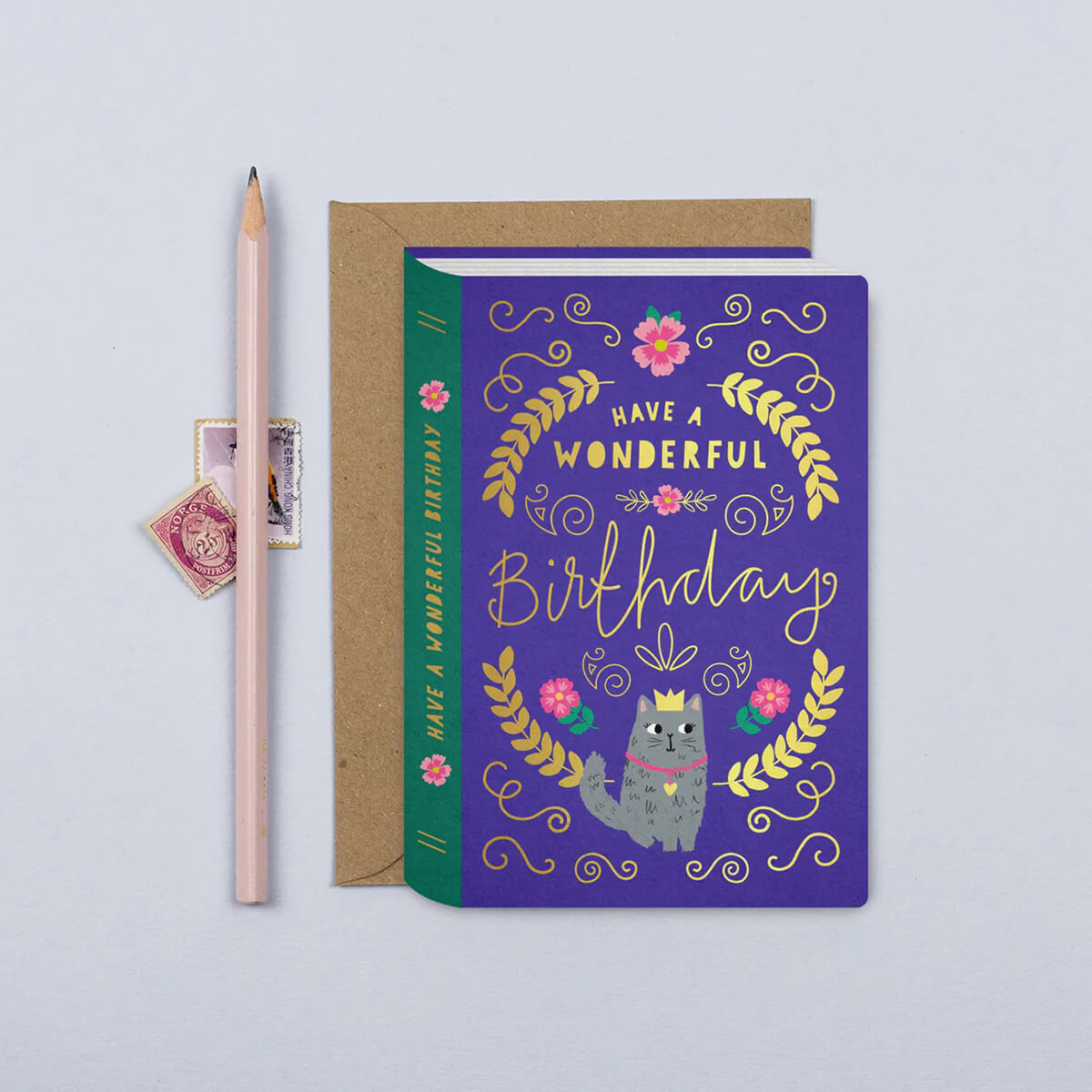 Ornate Book Cat Birthday Greetings Card by Mifkins