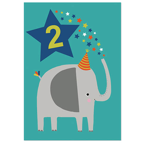 Age 2 Elephant Greetings Card (Blue Background) by Natalie Alex