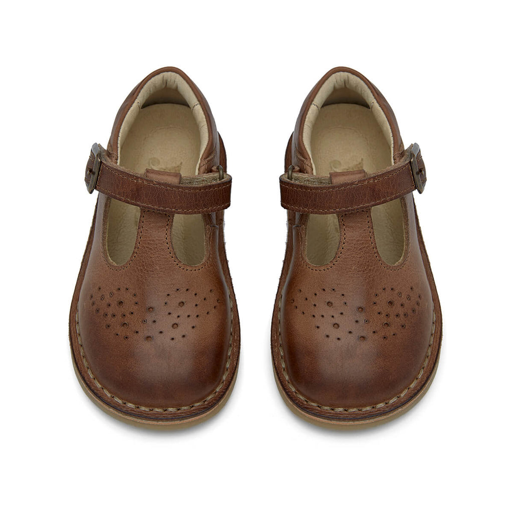 Penny Velcro T-Bar Shoes in Burnished Tan Leather by Young Soles