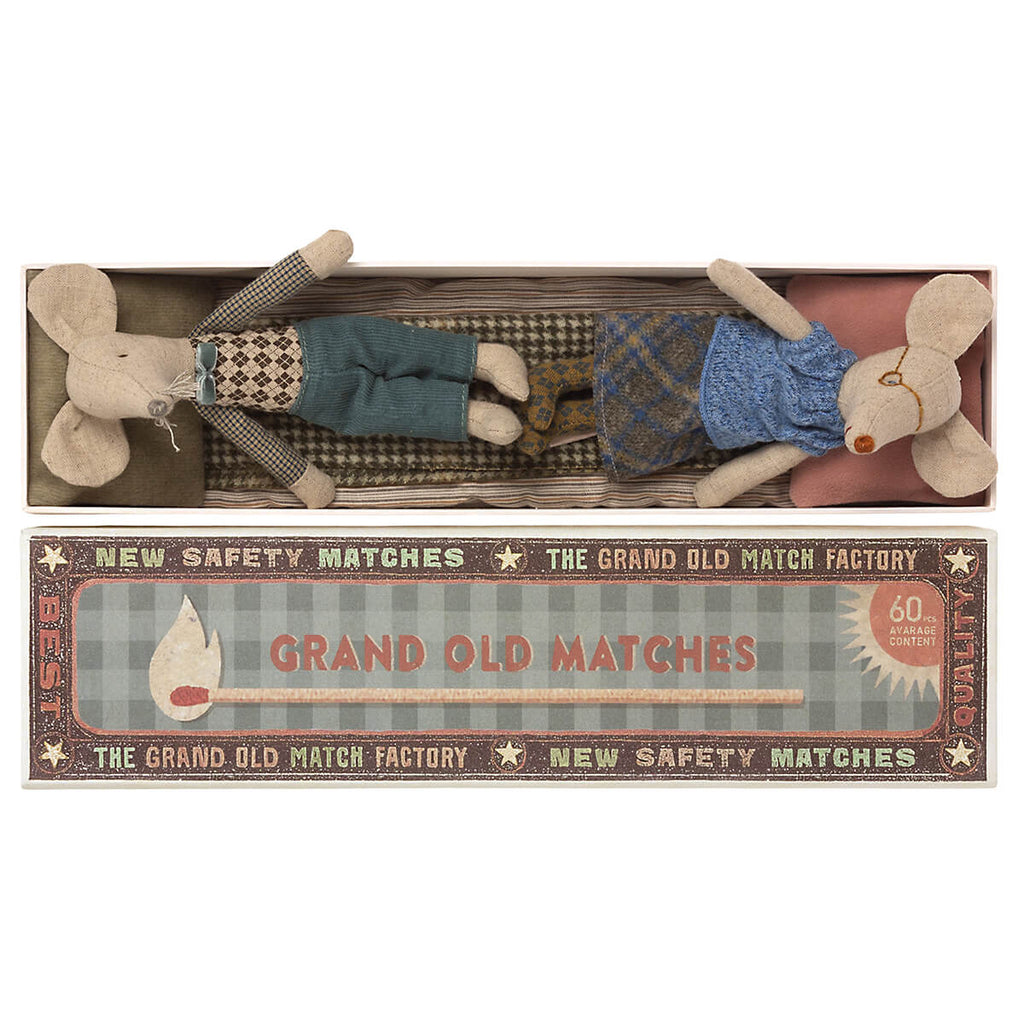 Grandpa and Grandma Mice (Pink / Green Pillows) in a Matchbox by Maileg
