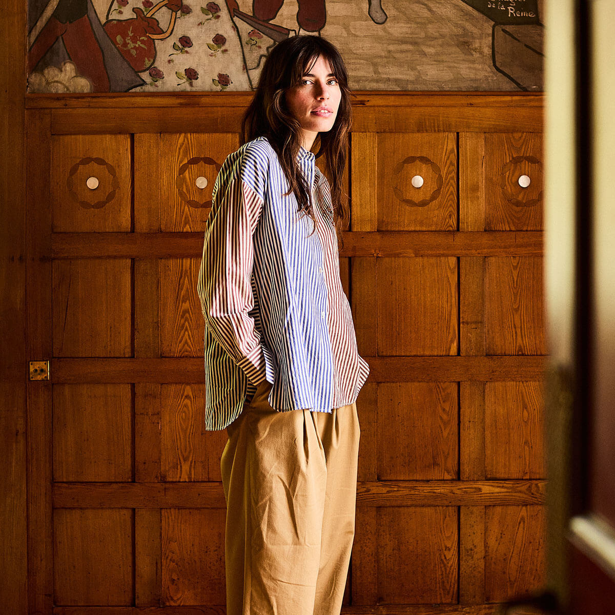 Two Tone Striped Shirt in Cobalt / Brown by A.P Womenswear