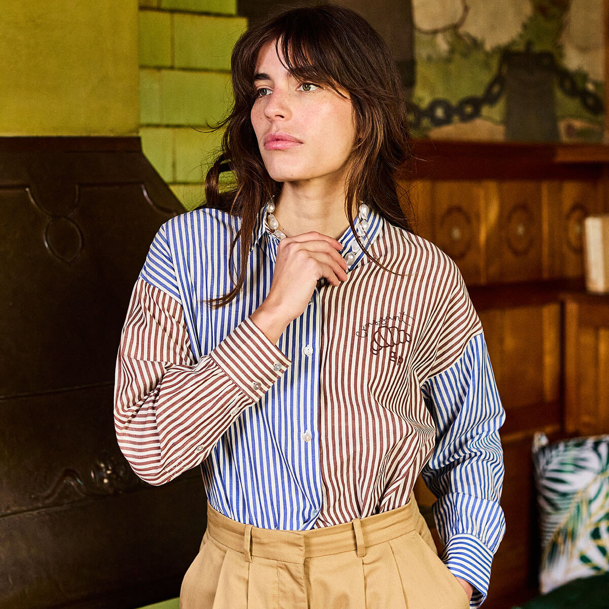 Two Tone Striped Shirt in Cobalt / Brown by A.P Womenswear
