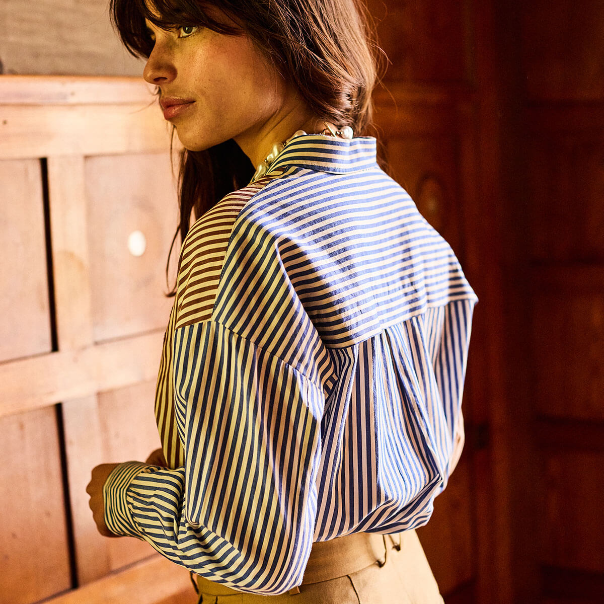 Two Tone Striped Shirt in Cobalt / Brown by A.P Womenswear
