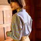 Two Tone Striped Shirt in Cobalt / Brown by A.P Womenswear