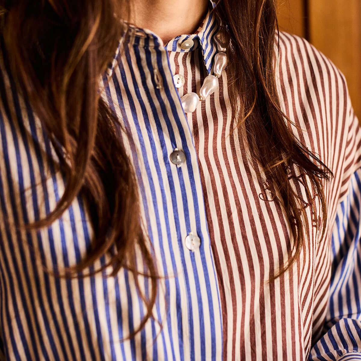 Two Tone Striped Shirt in Cobalt / Brown by A.P Womenswear