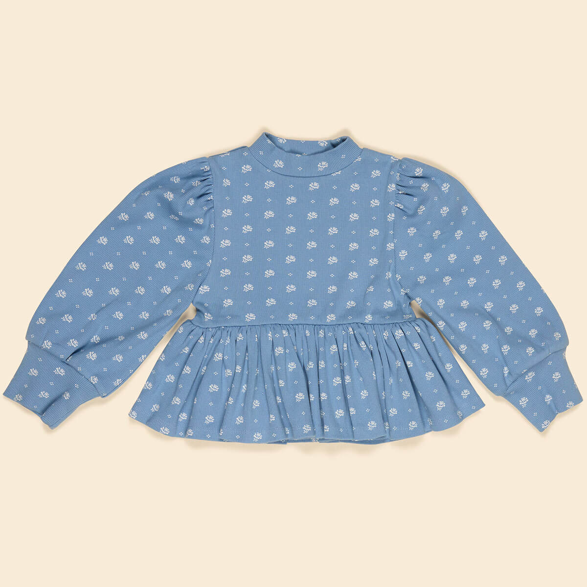 Mya Peplum Jersey Top in Mountain Calico Blue by Apolina