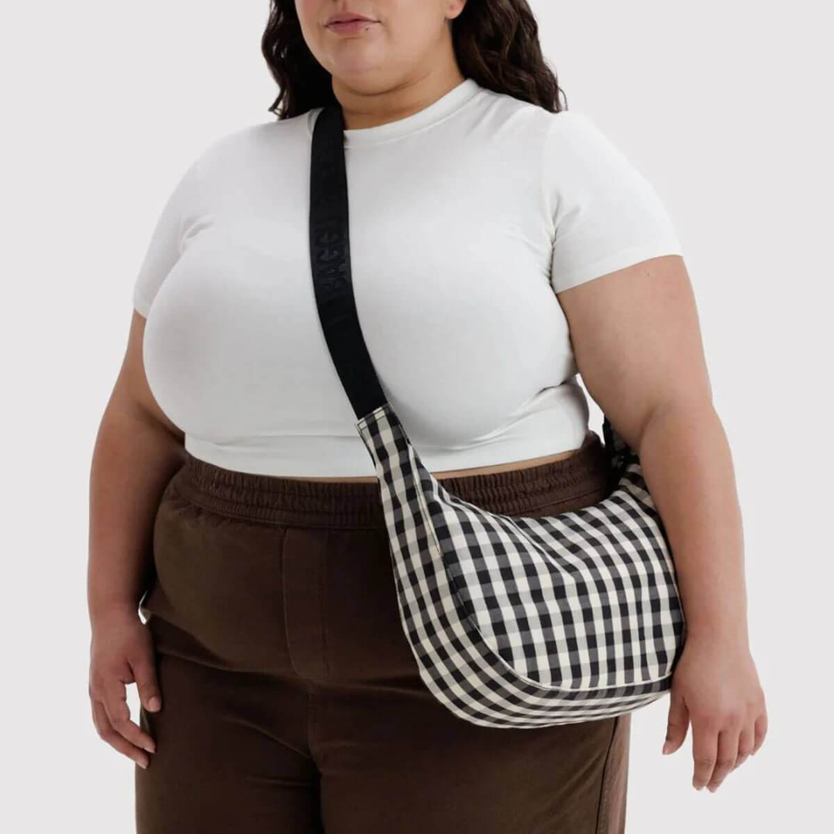 Medium Nylon Crescent Bag in Black And Cream Gingham by Baggu