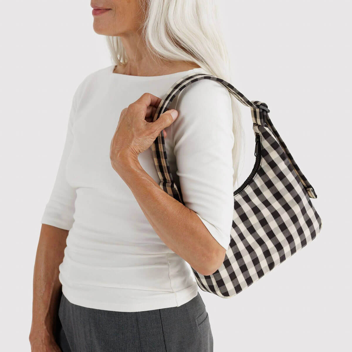 Mini Nylon Shoulder Bag in Black And Cream Gingham by Baggu