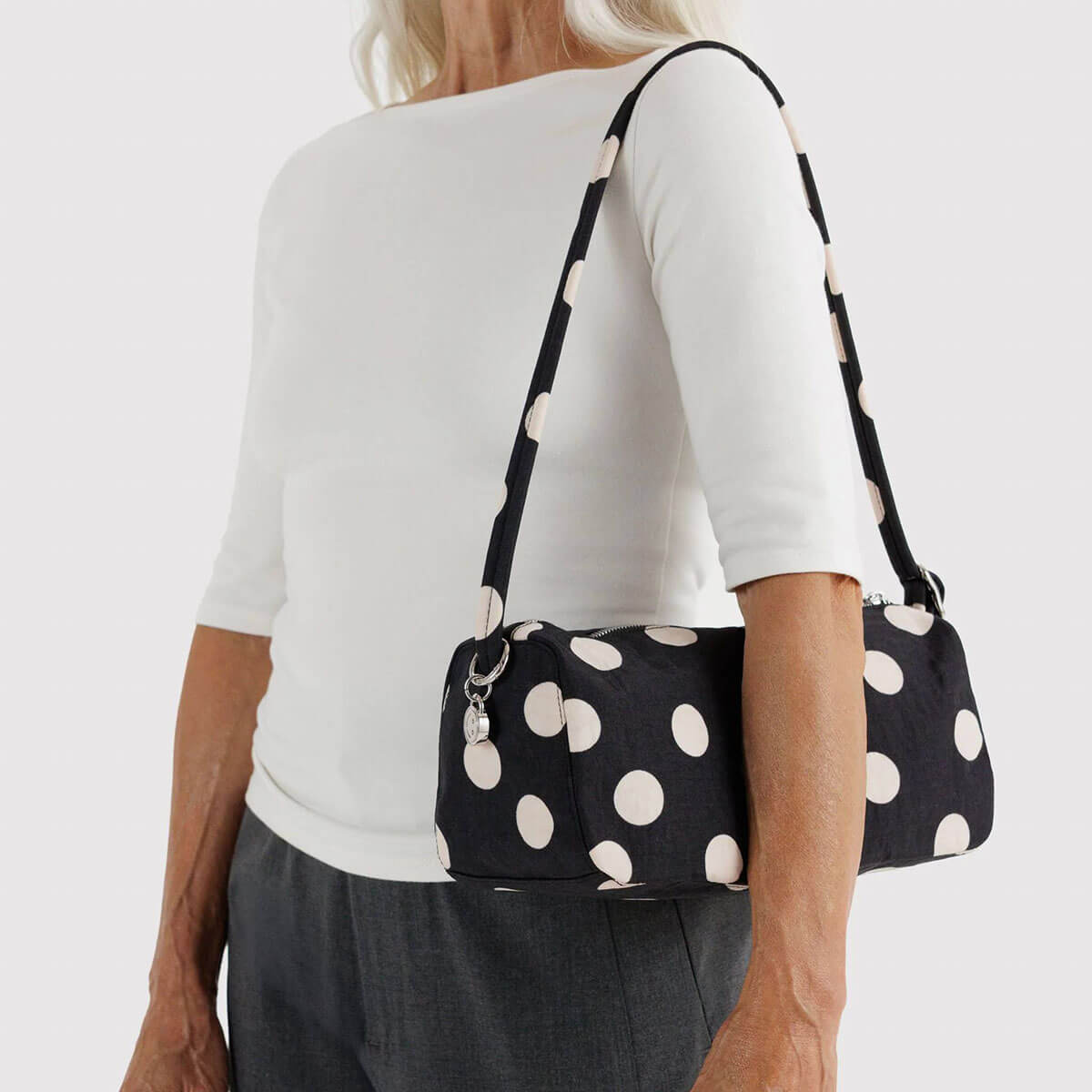 Nylon Loaf Bag in Black And Cream Polka Dot by Baggu