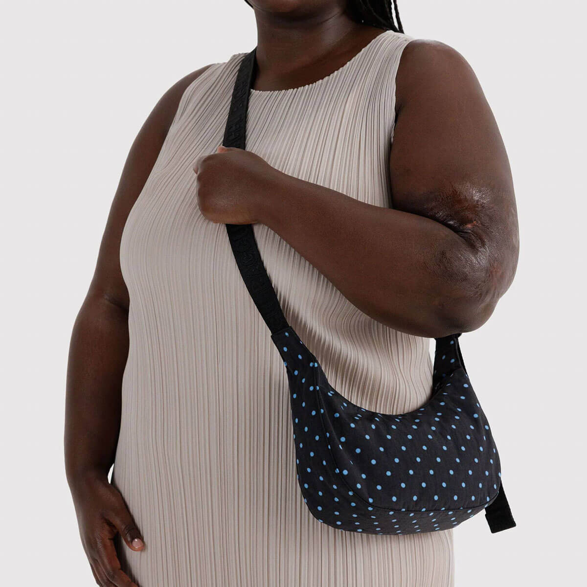 Small Nylon Crescent Bag in Black And Sky Blue Micro Dot by Baggu