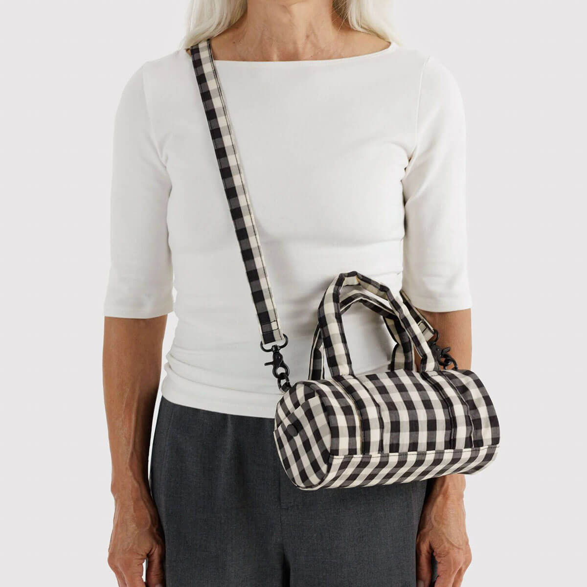 Small Nylon Duffle Bag in Black And Cream Gingham by Baggu