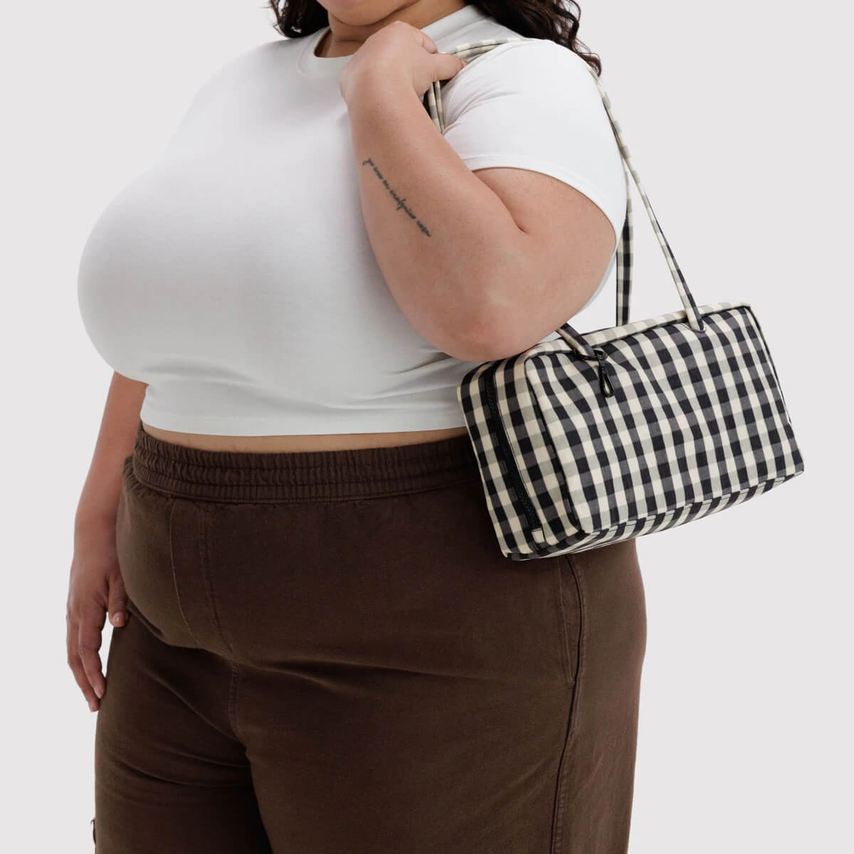 Nylon Bowler Bag in Black and Cream Gingham by Baggu