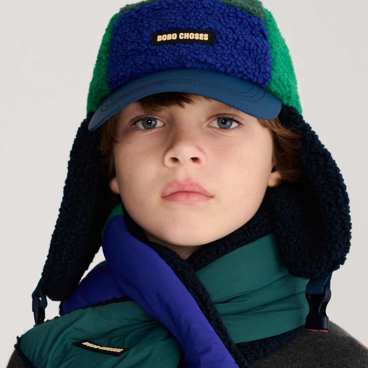 Bobo Choses Color Block Sheepskin Chapka in Navy Blue by Bobo Choses