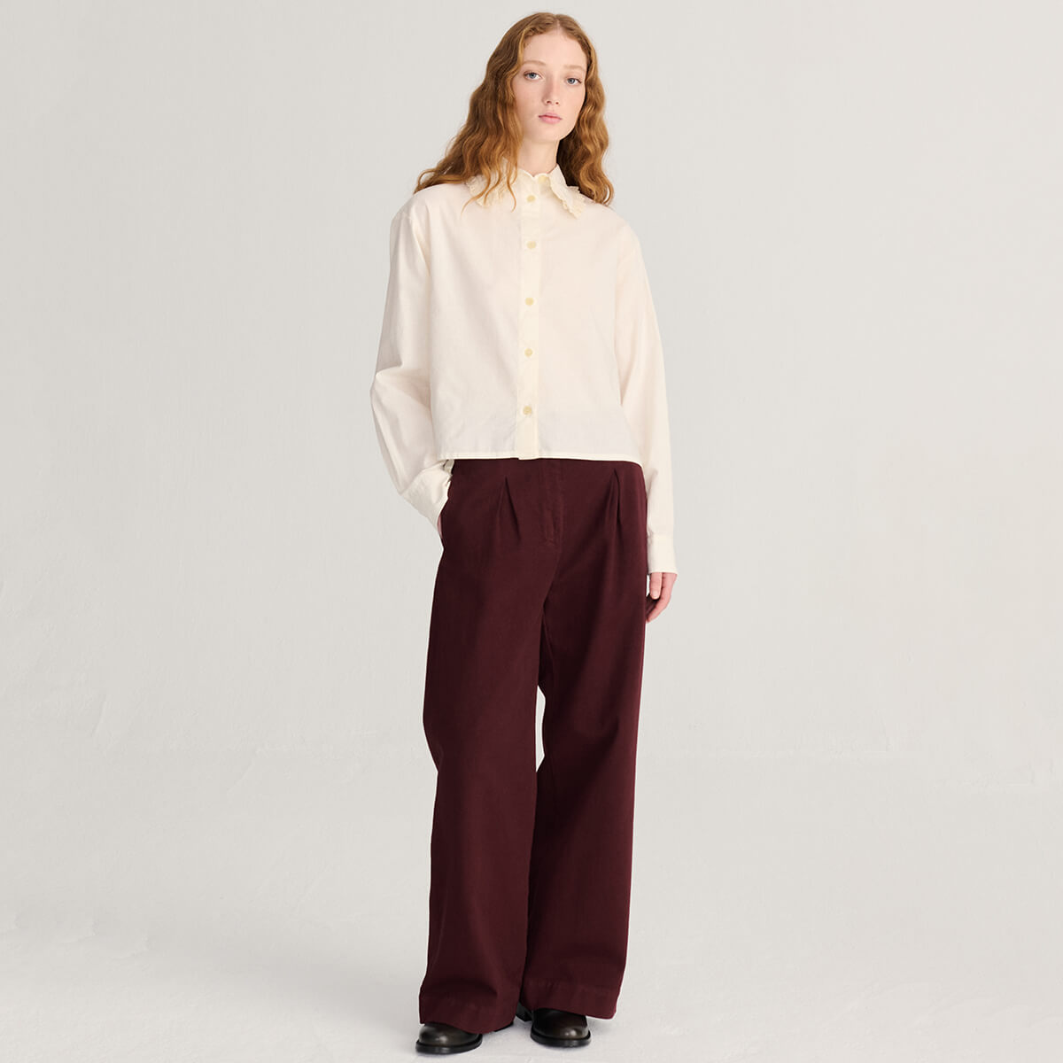 Pleated Twill Wide Leg Pants in Dark Brown by Bobo Choses Womenswear