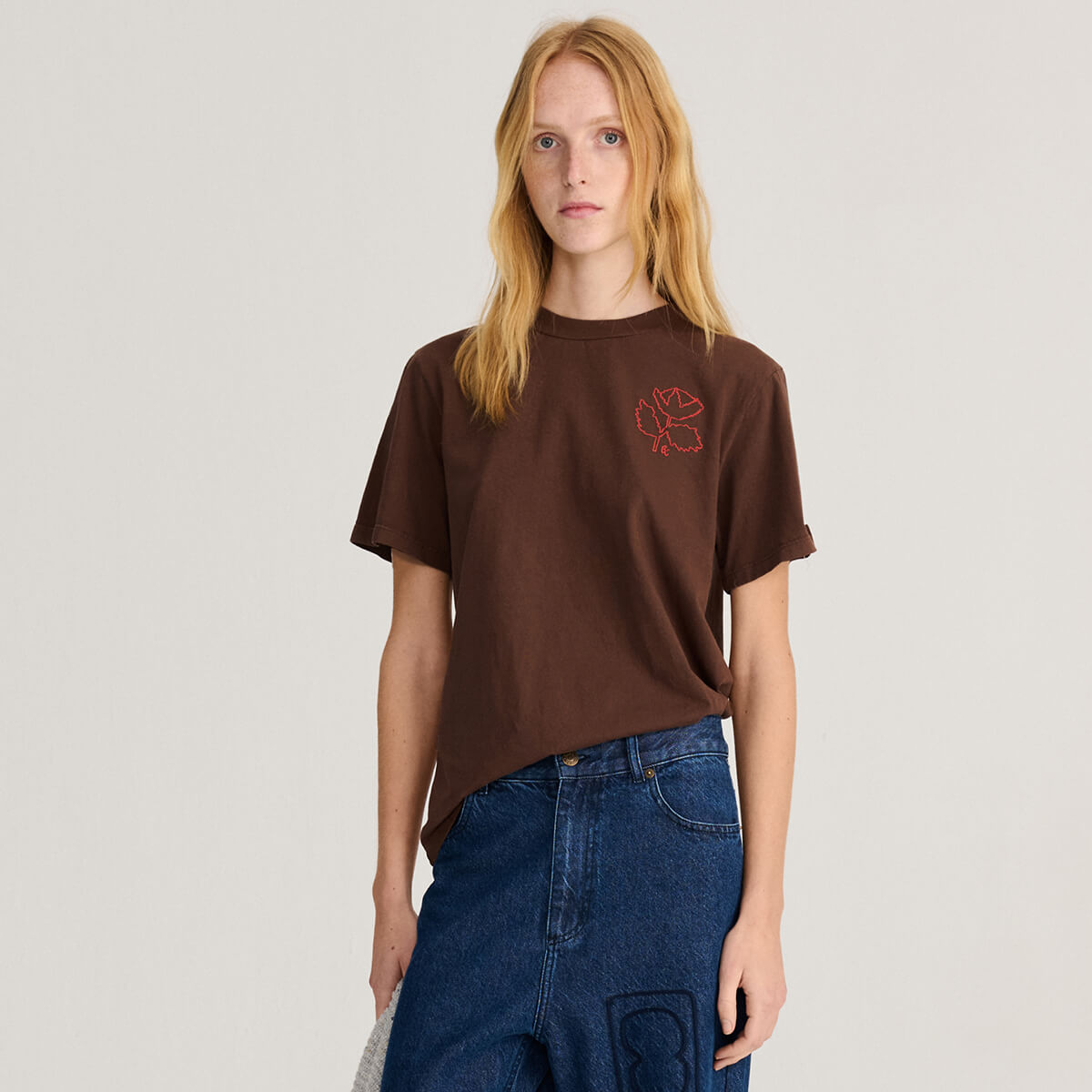 Red Vibrant Flower T Shirt in Dark Brown by Bobo Choses Womenswear