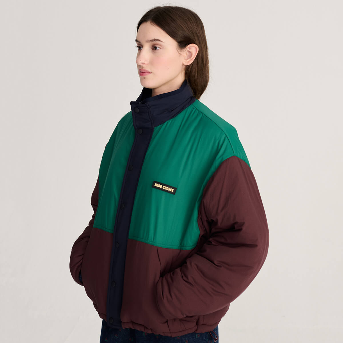 Reversible Nylon Sherpa Jacket in Dark Brown by Bobo Choses Womenswear